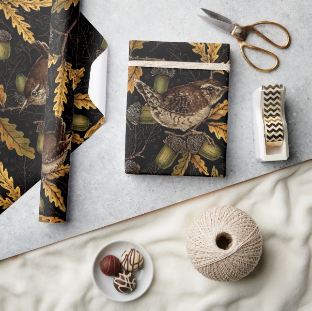 Wrens and acorns on black wrapping paper (Crafts)