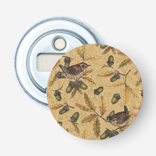 Wrens and acorns on honey bottle opener