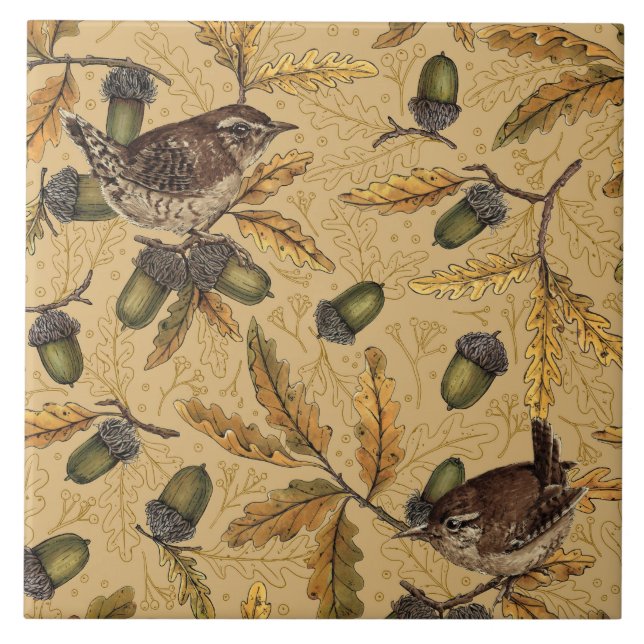 Wrens and acorns on honey ceramic tile (Front)