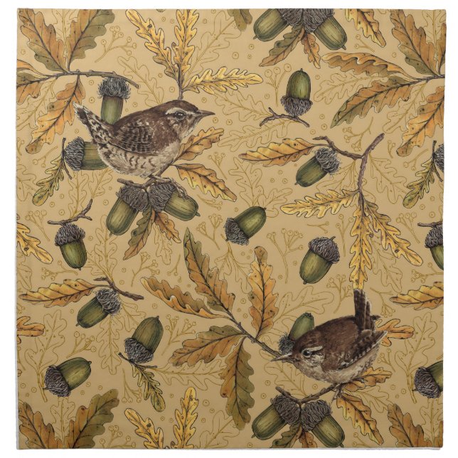 Wrens and acorns on honey cloth napkin (Front)