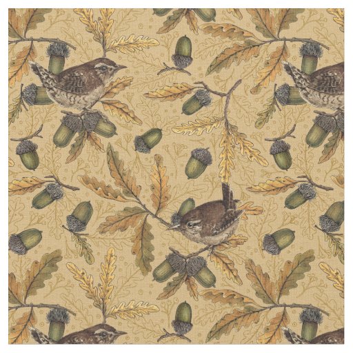 Wrens and acorns on honey fabric