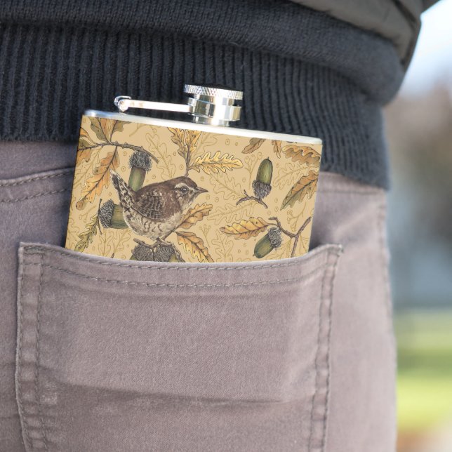 Wrens and acorns on honey flask (In Situ)