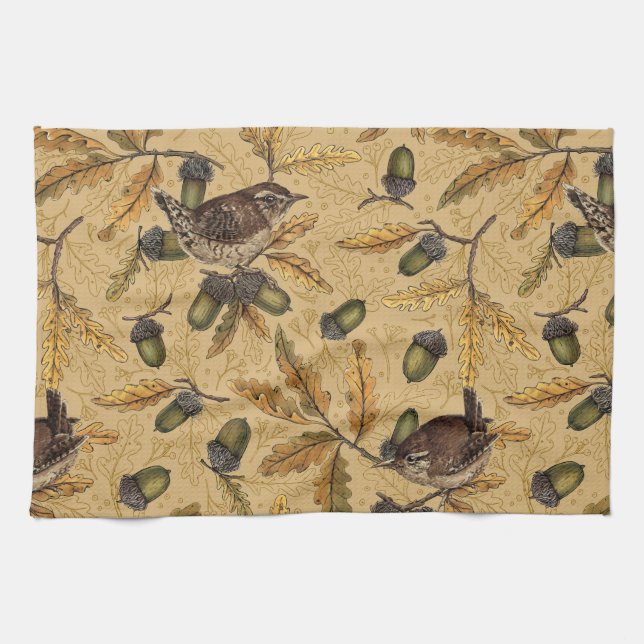Wrens and acorns on honey kitchen towel (Horizontal)