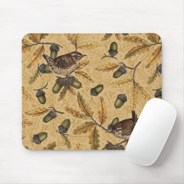 Wrens and acorns on honey mouse pad (With Mouse)