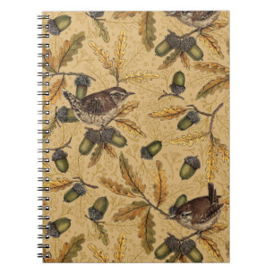 Wrens and acorns on honey notebook