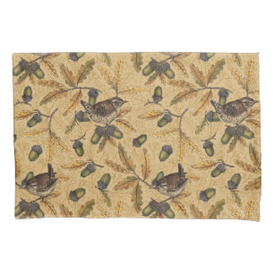 Wrens and acorns on honey pillow case