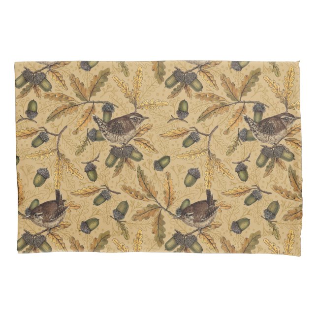 Wrens and acorns on honey pillow case (Front-Left)