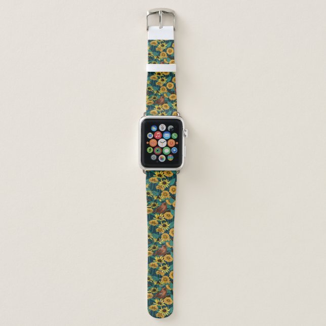 Wrens and flowers on dark blue apple watch band (Front)