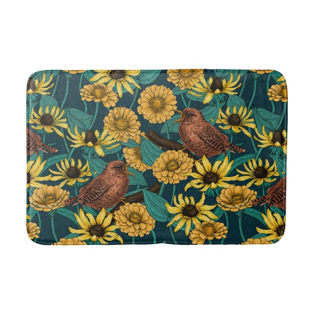Wrens and flowers on dark blue bath mat (Front)