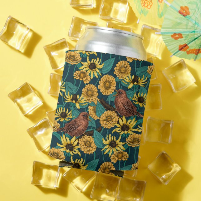 Wrens and flowers on dark blue can cooler (In Situ Summer)
