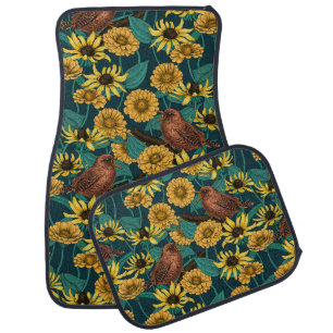 Wrens and flowers on dark blue car floor mat