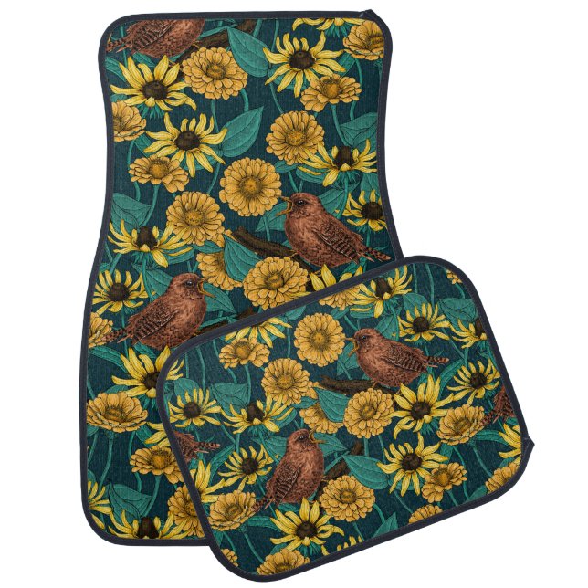 Wrens and flowers on dark blue car floor mat (Set)
