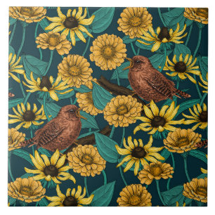 Wrens and flowers on dark blue ceramic tile