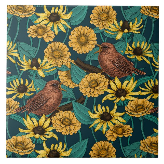 Wrens and flowers on dark blue ceramic tile (Front)