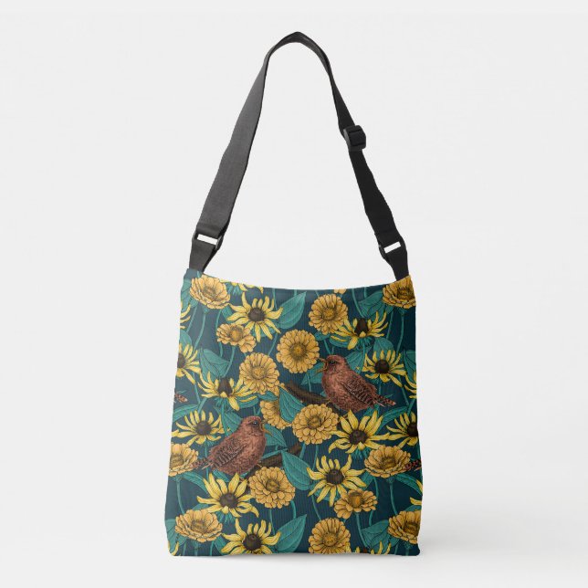 Wrens and flowers on dark blue crossbody bag (Front)