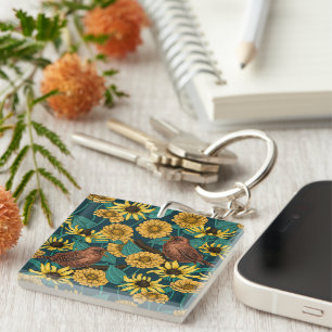 Wrens and flowers on dark blue keychain