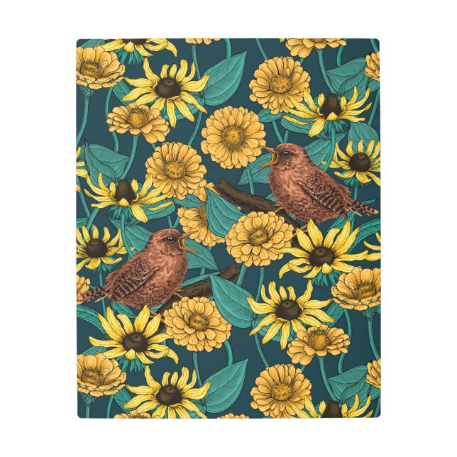 Wrens and flowers on dark blue metal print (Front)