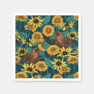 Wrens and flowers on dark blue napkins