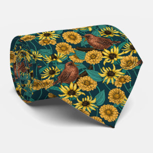Wrens and flowers on dark blue neck tie