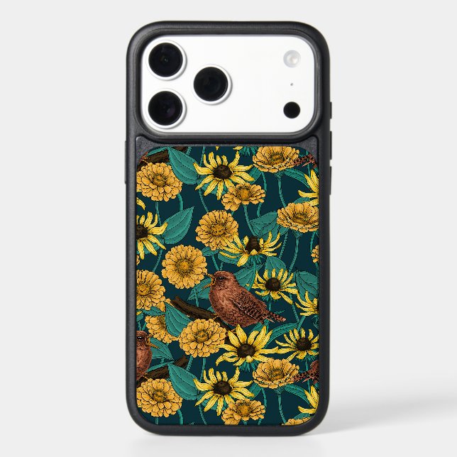 Wrens and flowers on dark blue otterbox iPhone case (Back)