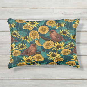 Wrens and flowers on dark blue outdoor pillow