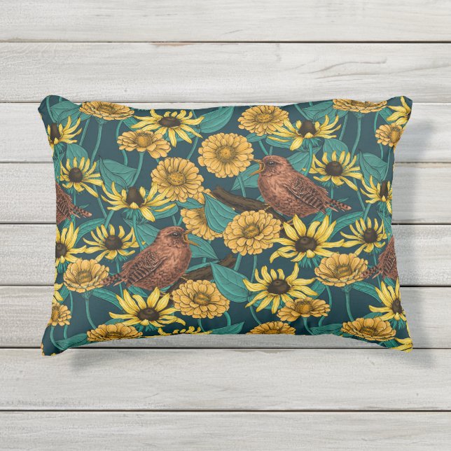 Wrens and flowers on dark blue outdoor pillow (Front)