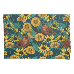 Wrens and flowers on dark blue pillow case