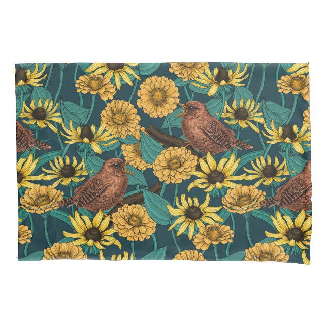 Wrens and flowers on dark blue pillow case (Front-Left)