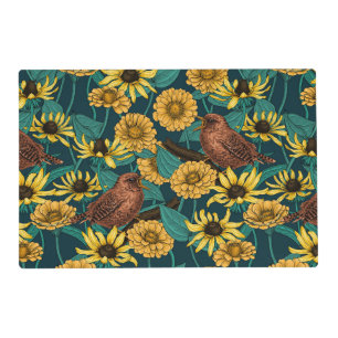 Wrens and flowers on dark blue placemat