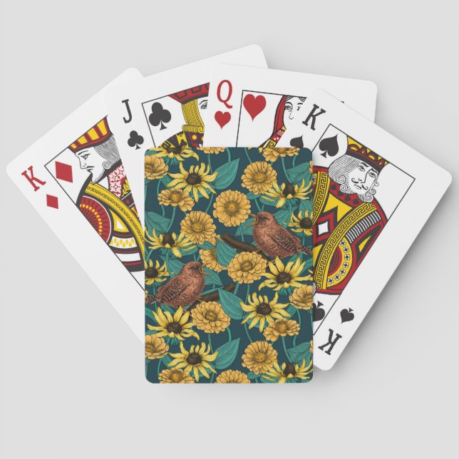 Wrens and flowers on dark blue poker cards (Back)