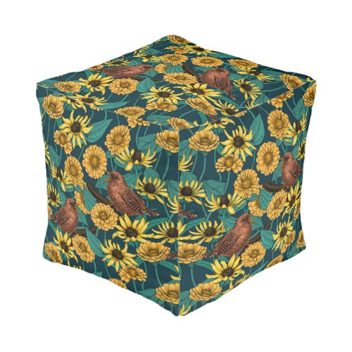 Wrens and flowers on dark blue pouf