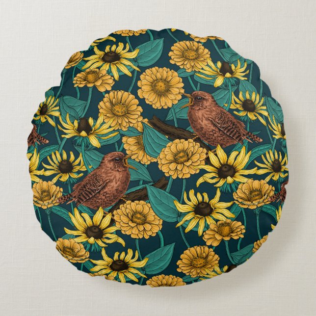 Wrens and flowers on dark blue round pillow (Front)