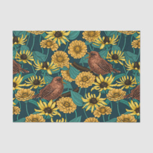 Wrens and flowers on dark blue tissue paper