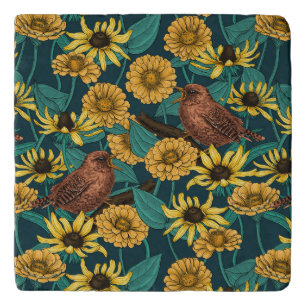 Wrens and flowers on dark blue trivet