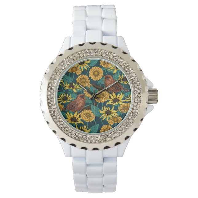 Wrens and flowers on dark blue watch (Front)