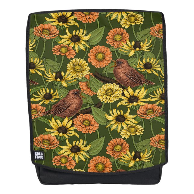 Wrens and flowers on green backpack (Front)