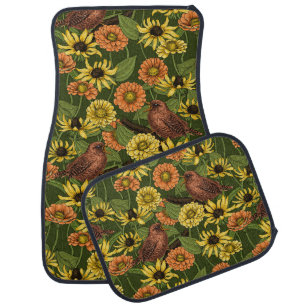 Wrens and flowers on green car floor mat