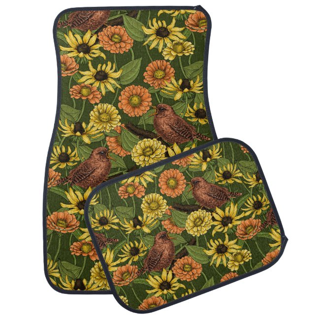 Wrens and flowers on green car floor mat (Set)