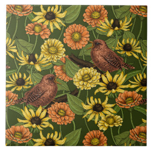 Wrens and flowers on green ceramic tile