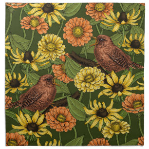 Wrens and flowers on green cloth napkin