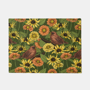 Wrens and flowers on green doormat