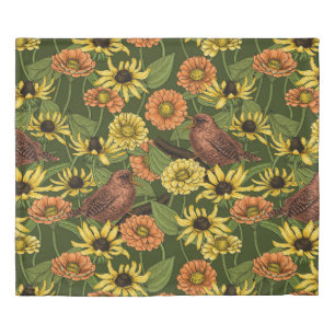Wrens and flowers on green duvet cover