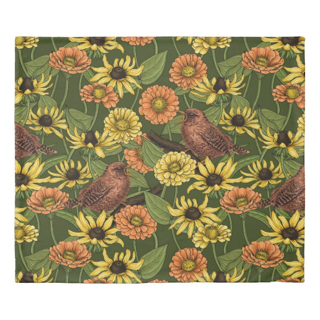 Wrens and flowers on green duvet cover (Front)