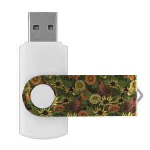 Wrens and flowers on green flash drive