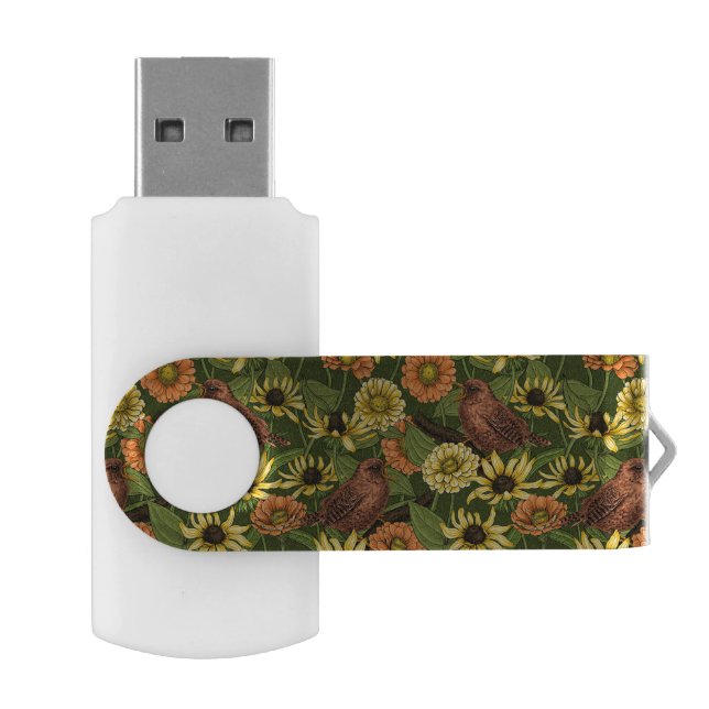 Wrens and flowers on green flash drive (Opened)