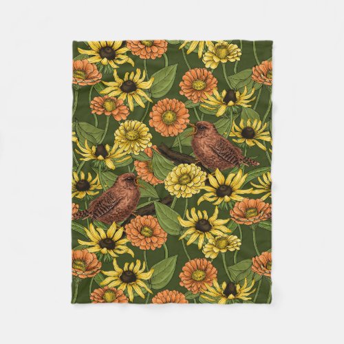 Wrens and flowers on green fleece blanket