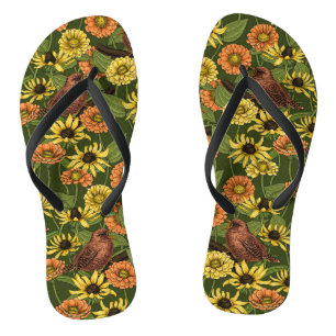 Wrens and flowers on green flip flops