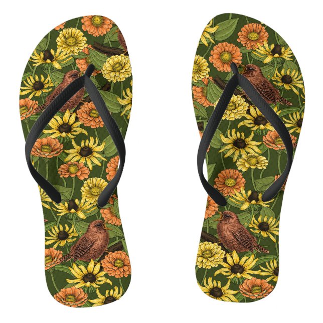 Wrens and flowers on green flip flops (Footbed)