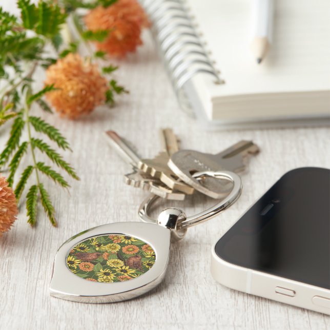 Wrens and flowers on green keychain (Side)