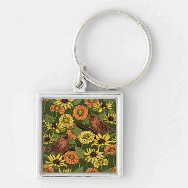 Wrens and flowers on green keychain (Front)